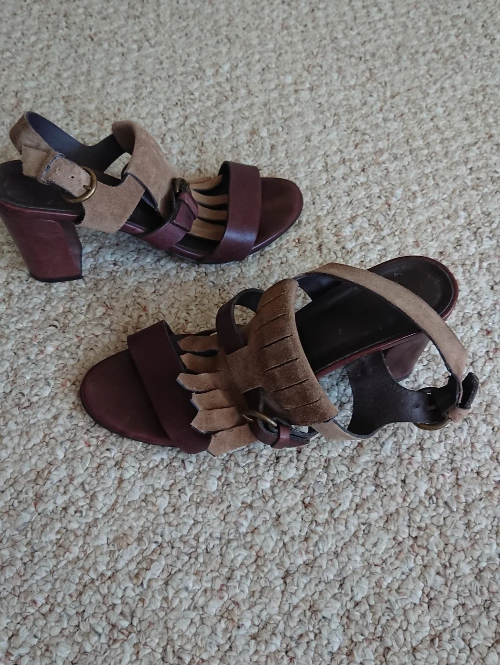 MINELLI Brown Leather with Suede fringe strap Block Heel Sandals size 8
